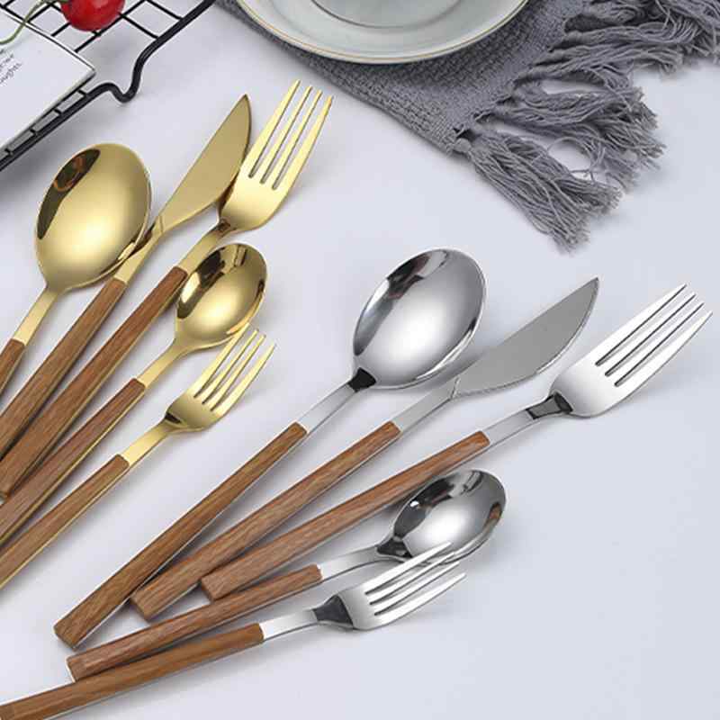 カトラリー セット ステンレス製 木製ハンドル スプーン フォーク ナイフ キッチン用品 食器 調理器具 デザートスプーン フルーツフォーク ステーキナイフ ディナーフォーク 高級感 シンプル 北欧風 ナチュラル カフェ風 普段使い 業務用 おもてなし