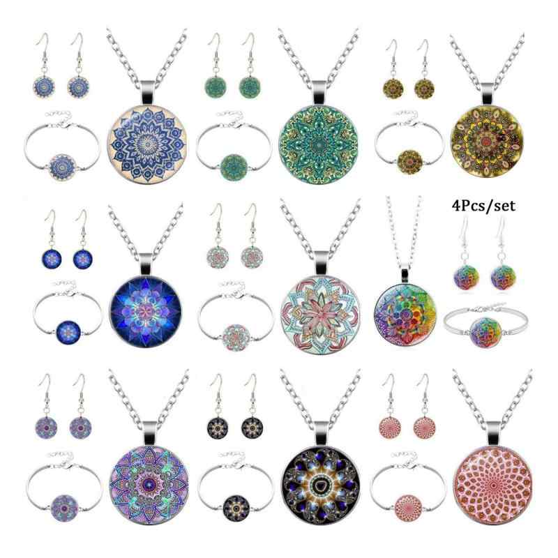 Women's Jewelry Set: Necklace, Earrings, Bracelet - 3-Piece Set. Features a mandala pattern, vintage/retro style, time-jewel-inspired design, glass dome, antique gold tone, stylish, cute, elegant, delicate, perfect as a gift.