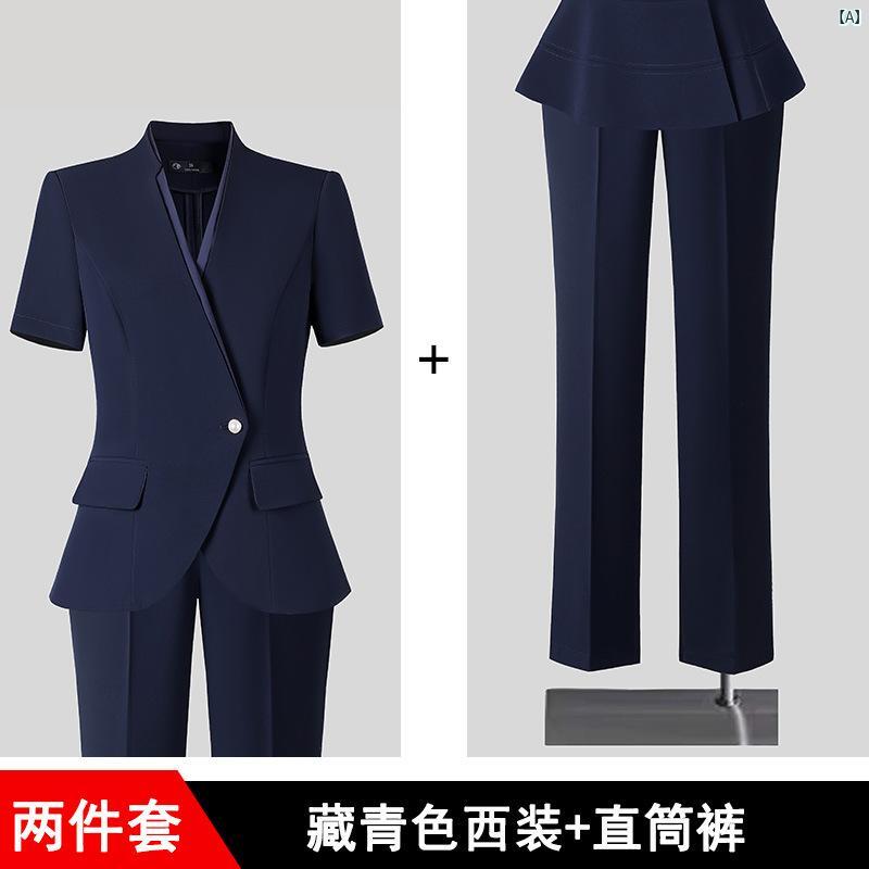 スーツ レディース セットアップ 春夏 テーラードジャケット パンツ 薄手 事務服 会社員 オフィス 制服 接客業 仕事用 おしゃれ 高級感 通勤 通学 就活 面接 体型カバー ゆったり 大きいサイズ 細見え 二の腕カバー お腹周りカバー 無地 シンプル creativeglobal01-10190718 クリエイティブグローバル サンプル画像2