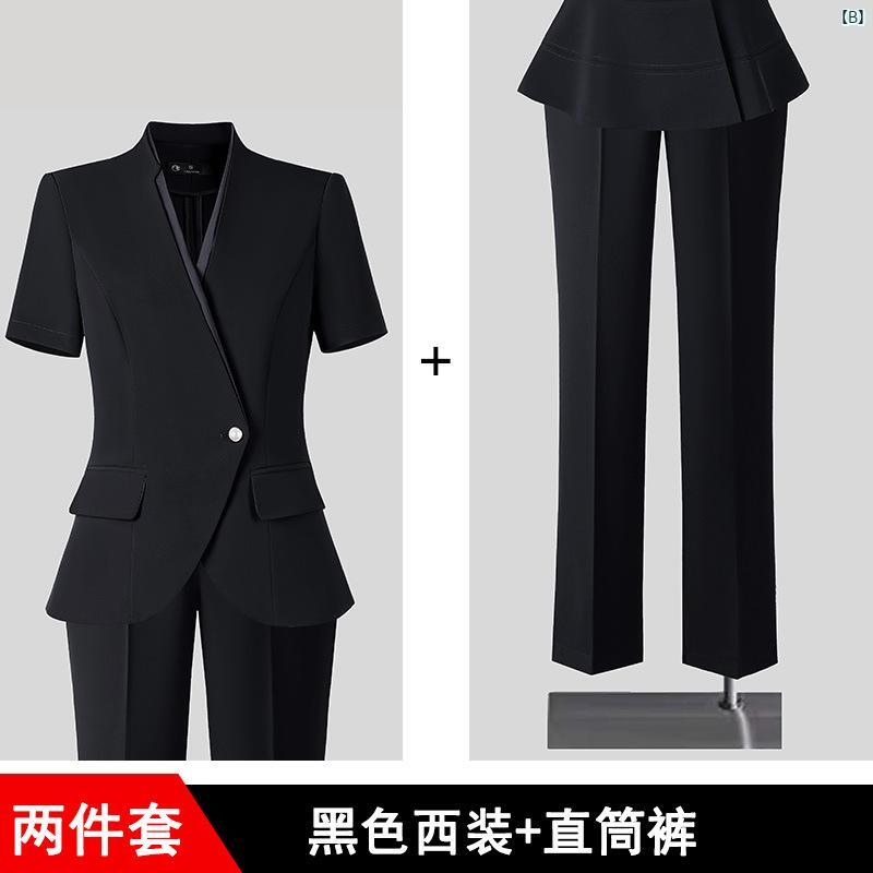 スーツ レディース セットアップ 春夏 テーラードジャケット パンツ 薄手 事務服 会社員 オフィス 制服 接客業 仕事用 おしゃれ 高級感 通勤 通学 就活 面接 体型カバー ゆったり 大きいサイズ 細見え 二の腕カバー お腹周りカバー 無地 シンプル creativeglobal01-10190718 クリエイティブグローバル サンプル画像3