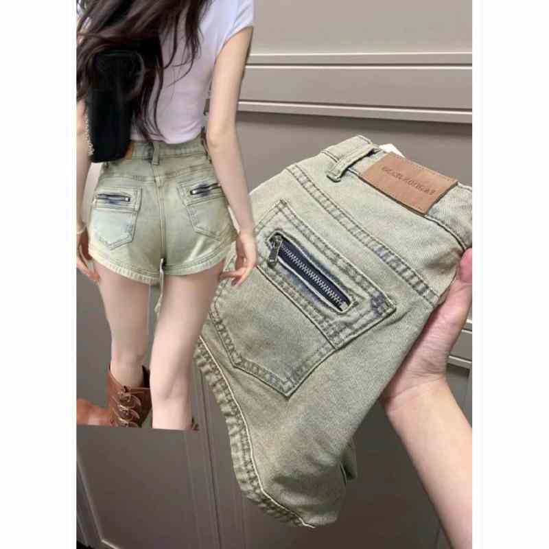 ショートパンツ レディース デニムパンツ 短パン ハイウエスト スタイルアップ 美脚 着痩せ ボトムス ジーパン アメリカン カジュアル レトロ デザイン性 ゆったり 体型カバー 大きいサイズ プラスサイズ 切り替え 裾フリンジ お腹周りカバー 普段使い
