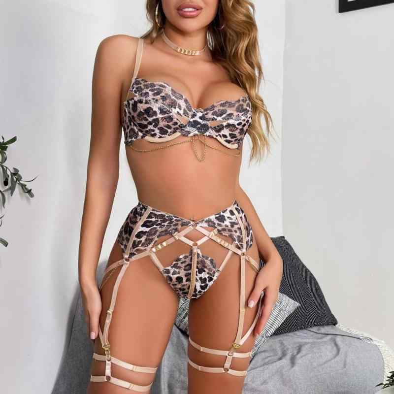 ランジェリー レディース セクシー ヒョウ柄 セットアップ 5点セット 金属チェーン付き インナー 下着 ベビードール スリップ ブラ ショーツ ガーターベルト スケスケ 透け感 高級感 誘惑 魅力的 露出度高い 大人かわいい エロティック 官能的 華や