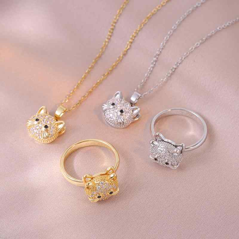ネックレス レディース 指輪 セット 猫モチーフ アクセサリー 鎖骨チェーン ジュエリー 首飾り チョーカー シルバーカラー 鈦鋼 ステンレス 錆びにくい 金属アレルギー対応 回転式 デザイン かわいい おしゃれ ギフト用 高級感 存在感 輝き デイリー