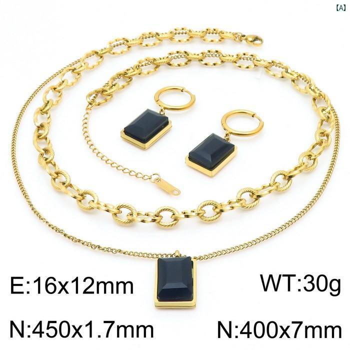 クリエイティブグローバルのネックレス イヤリング セット レディース アクセサリー ジュエリー 欧米風 レトロ クラシック 長方形 四角形 エメラルドグリーン ガラス 宝石風 チタン鋼 ステンレス製 高級感 華やか 2連 二層 重ね付け チェーン 鎖骨チェーン 首飾り 耳飾り デ｜アングル2