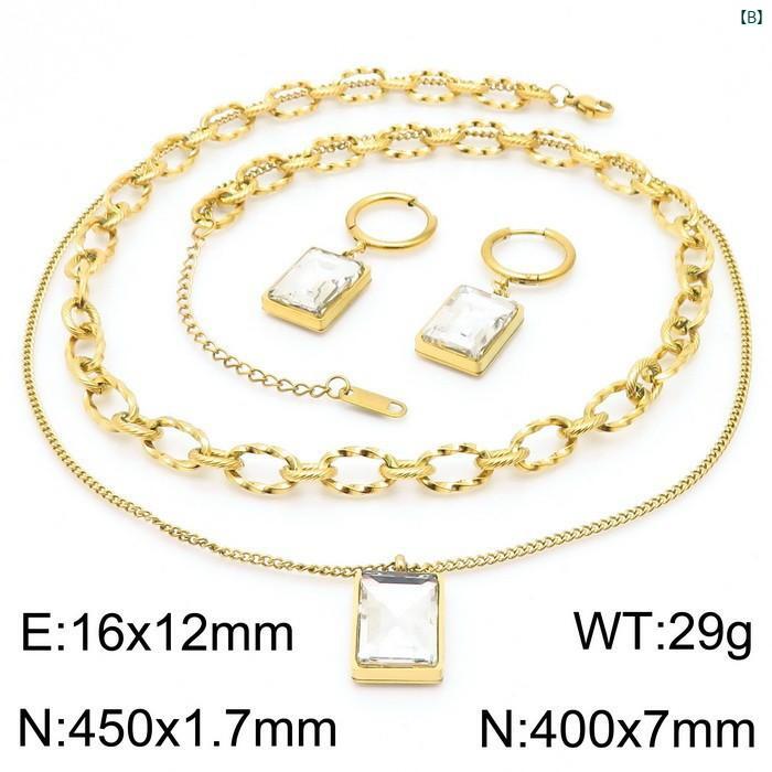 クリエイティブグローバルのネックレス イヤリング セット レディース アクセサリー ジュエリー 欧米風 レトロ クラシック 長方形 四角形 エメラルドグリーン ガラス 宝石風 チタン鋼 ステンレス製 高級感 華やか 2連 二層 重ね付け チェーン 鎖骨チェーン 首飾り 耳飾り デ｜アングル3