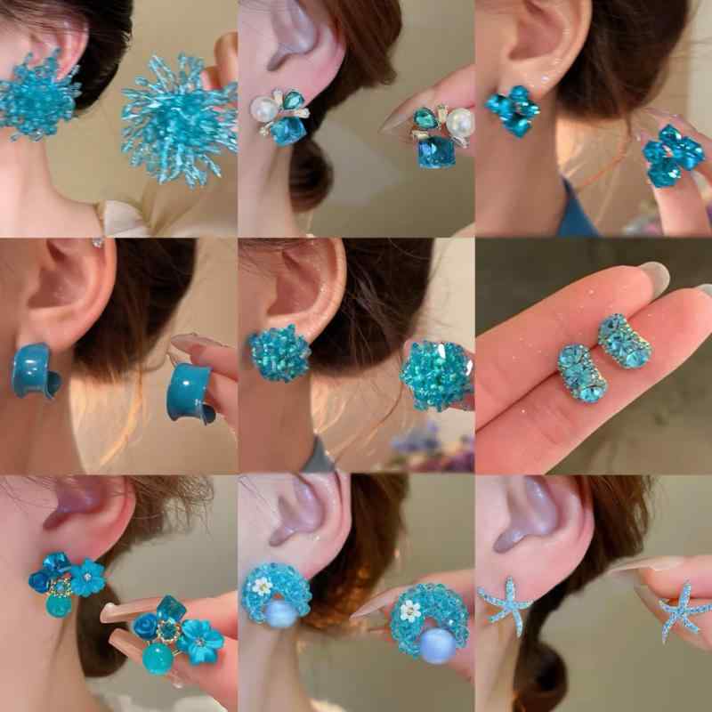 ピアス レディース アクセサリー ブルー系 小花モチーフ ガラス クリスタル 米珠 フラワーモチーフ 揺れる 両耳用 イヤリング シルバー 銀針 スタッドピアス 軽量 華奢 シンプル ナチュラル フェミニン エレガント 大人かわいい おしゃれ きれいめ