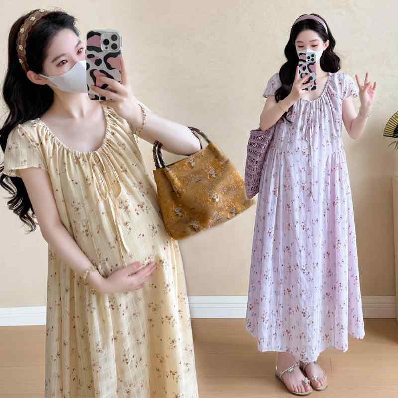 ワンピース レディース マタニティ 妊婦服 ロング丈 半袖 花柄 フレア ゆったり 体型カバー 大きいサイズ プラスサイズ 清新感 きれいめ フェミニン Aライン 切り替え 着痩せ 軽やか 柔らかい ナチュラル カジュアル 普段使い お出かけ リゾート