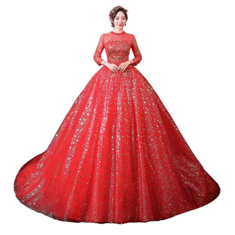 ウェディングドレス レディース レッド 赤色 ロング丈 長袖 プリンセスライン ドレス チュール 切り替え パニエ付き レトロ エレガント 韓国風 華やか 結婚式 二次会 披露宴 花嫁 ブライダル 大きいサイズ ゆったり 体型カバー 着痩せ 細見え お腹