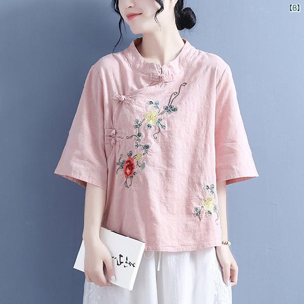 クリエイティブグローバルのブラウス レディース 大きいサイズ トップス エスニック柄 刺繍 チャイナ風 立ち襟 斜め襟 盤扣ボタン 襟付き ゆったり 体型カバー 着痩せ 五分袖 綿麻素材 切り替え デザイン 無地 高級感 ナチュラル 普段使い カジュアル 通勤用 お出かけ 春夏｜アングル3