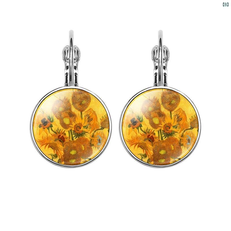 クリエイティブグローバルのピアス レディース アクセサリー ジュエリー 欧米風 オリジナルデザイン ゴッホ ひまわり 星月夜 モチーフ ガラス カボション フックピアス フランス風 揺れる レトロ 個性的 ファッション小物 おしゃれ かわいい 大人カジュアル パーティー デート｜アングル3