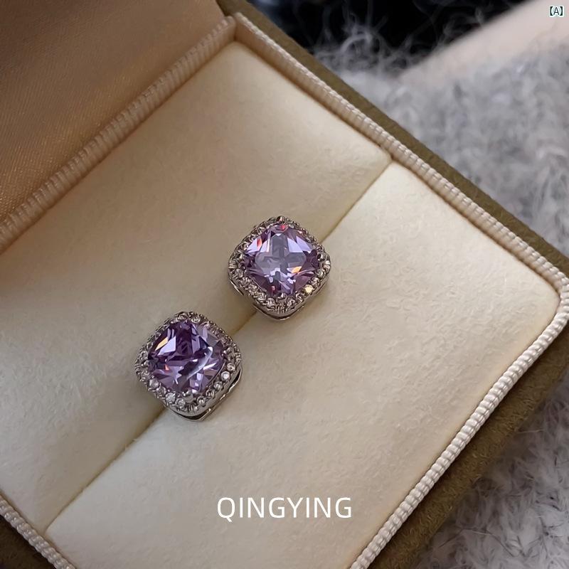 クリエイティブグローバルのピアス レディース アクセサリー 四角形 パープル ストーン ジルコニア 小ぶり シンプル 高級感 耳飾り 上品 大人かわいい デザイン ジュエリー おしゃれ デイリー ファッション オフィス 通勤用 ギフト プレゼント 幾何学模様 華奢 高見え きれい｜アングル2