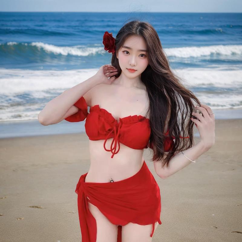 水着 レディース セパレート ビキニ 赤 レッド 欧米風 レトロ セクシー 体型カバー ゆったり プラスサイズ 大きいサイズ 着痩せ 細見え お腹周りカバー 露出控えめ ビーチウェア 海 プール リゾート ビーチ スイムウェア 二の腕カバー スタイルアッ