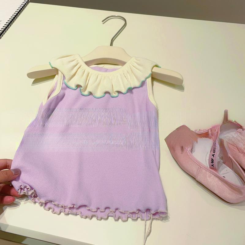 タンクトップ キッズ 女の子 トップス ノースリーブ カットソー レース襟 フリル 切り替え かわいい おしゃれ 柔らかい 綿混 コットン混 通気性 吸湿性 普段着 通園 通学 お出かけ服 女児用 重ね着 インナーウェア カジュアル ナチュラル シンプル