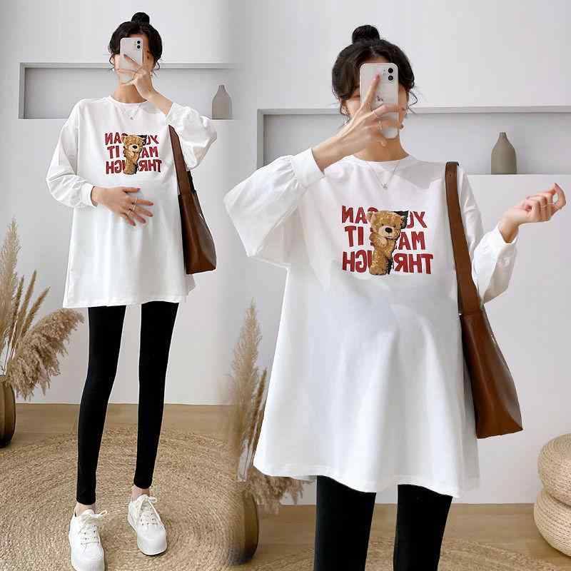 マタニティウェア レディース 長袖 Tシャツ トップス チュニック丈 キャラクター プリント 秋物 厚手 インナー 大きいサイズ ゆったり 丸首 トレーナー カットソー 薄手 体型カバー お腹周り 伸縮性 普段着 カジュアル ママ服 オーバーサイズ クル