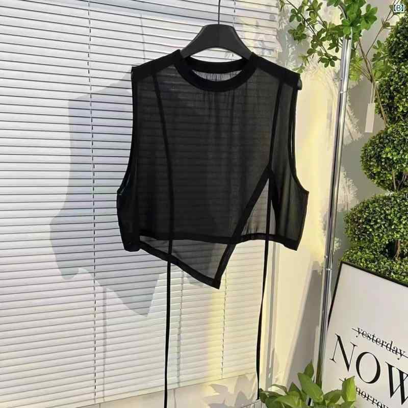 トップス レディース ノースリーブ ベスト シフォン チュール 不規則ヘム ラウンドネック ゆったり 着痩せ 体型カバー お腹周りカバー プラスサイズ 大きいサイズ 涼しい 接触冷感 軽量 おしゃれ カジュアル 上品 シンプル 重ね着 レイヤード 普段使 creativeglobal01-10241163 クリエイティブグローバル サンプル画像3