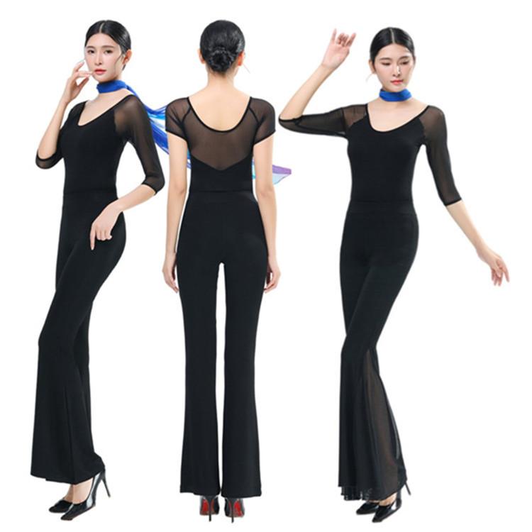 パンツセットアップ レディース フレアパンツ トップス 長袖 セット 上下セット 網目 切り替え ハイウエスト 美脚効果 提臀効果 体系カバー 大きいサイズ ゆったり 着痩せ 細見え お腹周りカバー 舞台衣装 ダンス衣装 練習着 ステージ衣装 モダンダン