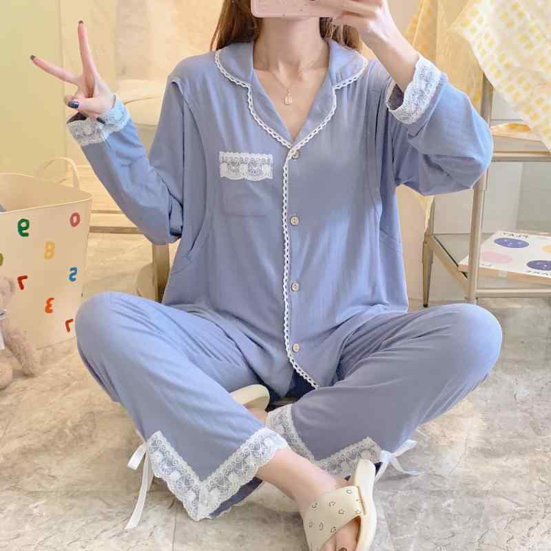 パジャマ レディース マタニティ ルームウェア 上下セット 前開き 授乳服 長袖 襟付き ストライプ柄 再生繊維 柔らかい ゆったり 体型カバー 大きいサイズ 産前 産後 部屋着 ナイトウェア リラックスウェア 吸湿速乾 通気性 快適 伸縮性 保温性 秋