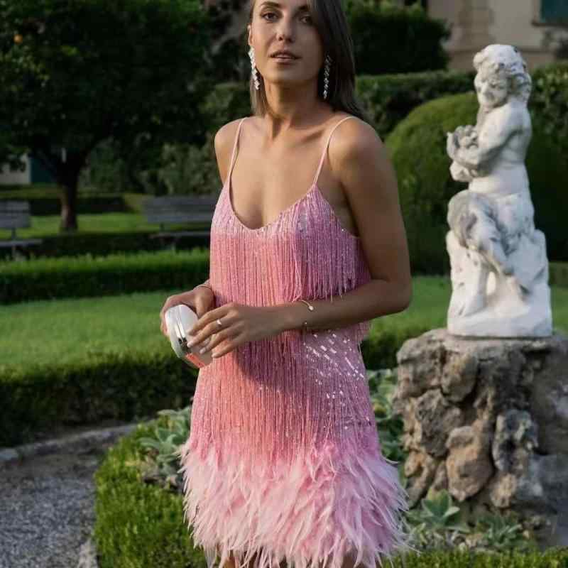 ワンピース レディース ドレス パーティー 結婚式 二次会 フェザー 切り替え フリンジ スパンコール キラキラ 高級感 膝丈 長袖 体型カバー ゆったり 細見え 大きいサイズ お呼ばれ 発表会 演奏会 フォーマル セクシー エレガント 上品 大人かわい