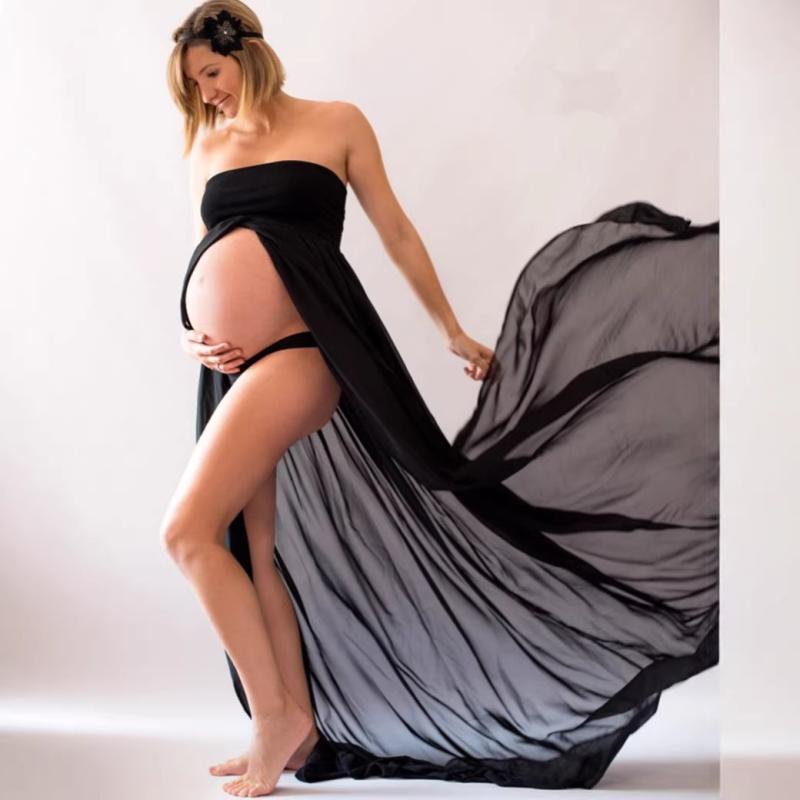 ワンピース レディース マタニティ 撮影用 妊婦服 シフォン ベアトップ 前スリット...