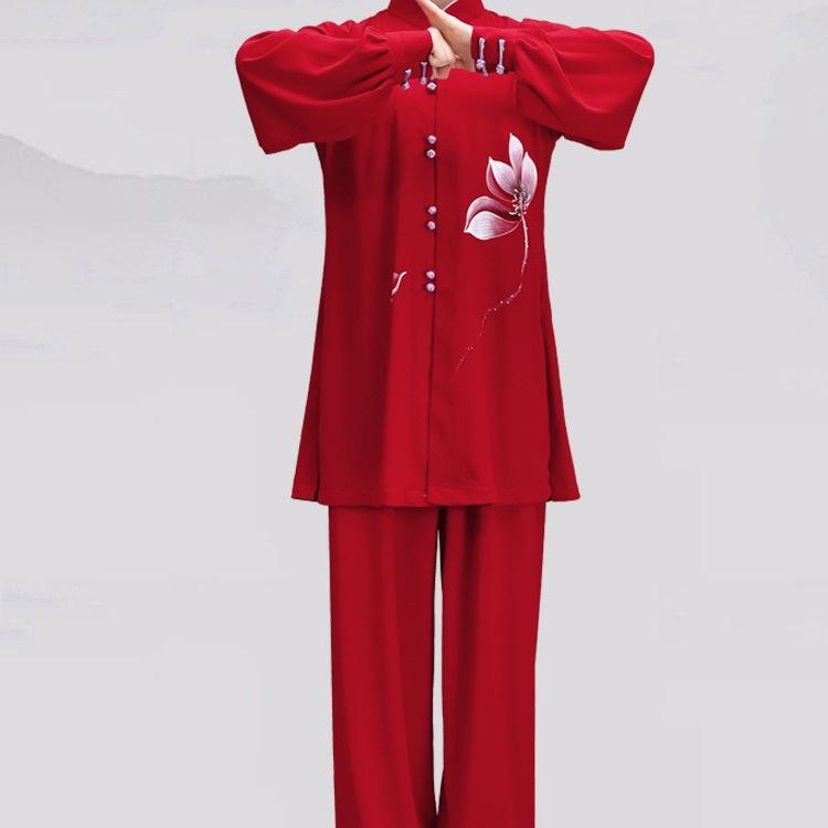 女性用 太極拳着 手描き柄 伸縮性コットン素材 八段錦 気功 フィットネス 表演 試合 練習服 快適 軽量 健康運動 ゆったりフィット 室内用・対象性別: 男性・主な素材: 亜麻・カラー展開: 赤・サイズ展開: XS.S.M.L.XL