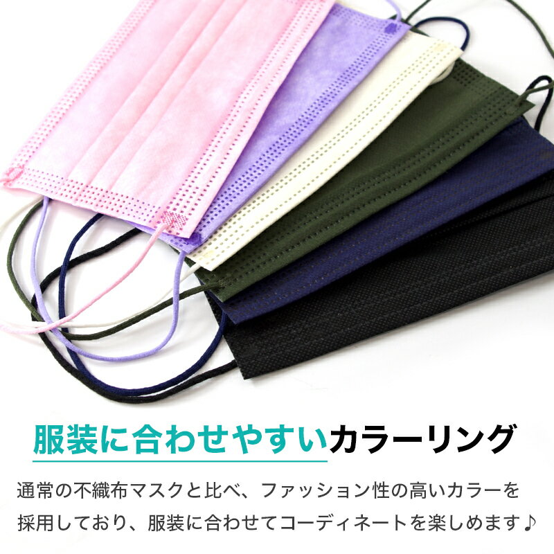【送料無料】不織布 カラー マスク 50枚入 男女兼用 カラーマスク 立体マスク 血色マスク 使い捨て ワイヤー入り フィット 色付き ブラック ホワイト ネイビー カーキ ピンク ベージュ ラベンダー 黒 白 紺 パープル