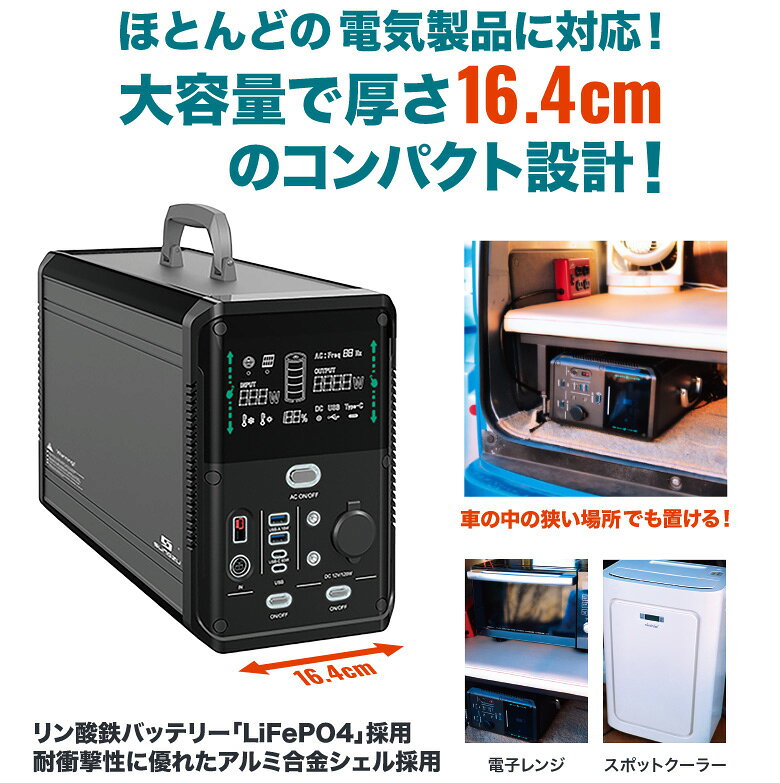 安心の国内メーカー1年保証 PSE認証済 サンズ ポータブル電源 APS1500 車中泊 キャンプ アウトドア 停電 災害時 防災グッズ 発電機 モバイルバッテリー AC(1500W)/DC/USB出力 純正弦波 非常用電源 大容量 リチウム 充電器 家庭用蓄電機 コンパクト creer-10183390 クレールオンラインショップ サンプル画像3