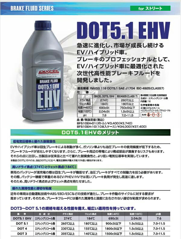 DIXCEL BF510EH01 �֥졼���ե롼�� DOT 5.1 EHV 1�� 1L EV �ϥ��֥�åɼ� ��Ŭ Ŭ�絬��: FMVSS 116 DOT5.1 SAE J1704 ISO 4925 (CLASS7) ����ʬ: ������󥰥ꥳ����� ���ŵ���ƳΨ ͥ�줿���忩�� BF510EH-01 �ǥ�������