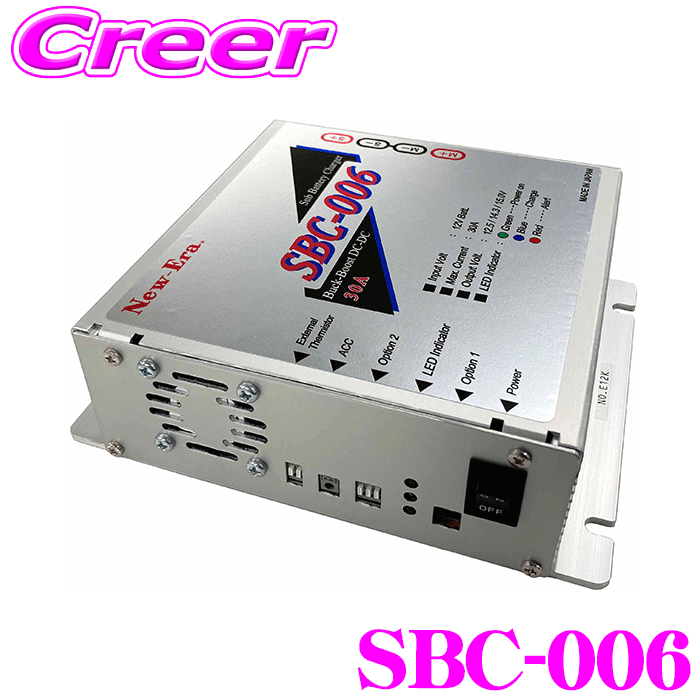 製品仕様 型式 SBC-006 寸法 W182 × L155 × H55 mm 質量 0.9kg 定格入力電圧 DC12V (12V車専用) 最大使用電圧 18V 最大出力電流 30A 充電電圧 12.5V/14.3V/15.0V 無負荷電流 メインバッテリー12V時 35mA以下 使用温度範囲 -20℃～＋60℃ 耐震性 JIS D 1601 段階45に準じる 耐水性 耐水性なし 保有機能 ◎メインバッテリーの低電圧/過電圧保護 ◎出力電流制限(垂下特性) ◎入力過電流保護 ◎内部温度保護 ◎サブバッテリーの温度保護 ◎出力ショート保護 ◎メイン/サブバッテリーの逆接保護 ◎サブバッテリーの未接続保護 ◎車両ACCによる連動ON/OFF機能 ◎3色のLEDによる動作状態の表示 ◎冷却FAN付き ※M+,M-のケーブル長さは推奨1.8mです。 　それ以上の長さでは電圧降下により、低電圧保護が働く恐れがあります。 商品説明 ・New-Eraのサブバッテリーチャージャー SBC-006です。 NEW!! コンパクト30A 昇降圧機能Li-ion対応サブバッテリーチャージャー ・昇降圧機能搭載走行充電器 ・リチウムイオンバッテリー対応 ・充電流　30A ・昇降圧方式により、オルタネーターの電圧変動にも安定した充電が可能 ・3パターンの充電電圧に対応 （1）3元系リチウムイオン　（12.5V) （2）リン酸鉄リチウムイオン　（14.3V) （3）ディープサイクルバッテリー　（15V) ※鉛バッテリーにも対応※画像はイメージです。