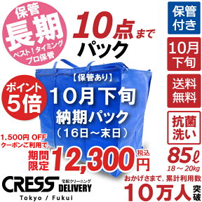 【ポイント5倍＆1500円OFFクーポン】13,800円 → 12,300円 ＼ 祝10万人突破記念 特別企画！／ 数量限定 【10月下旬パック10点】クリーニング 保管 詰め放題 宅配 送料無料 ダウン 枚数制限なし 宅配クリーニング クーポン 抗菌 除菌 品質 シミ抜き クレス クリーニング