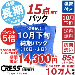 【ポイント5倍＆2500円OFFクーポン】16,800円 → 14,300円 ＼ 祝10万人突破記念 特別企画！／ 数量限定 【10月下旬パック15点】クリーニング 保管 詰め放題 宅配 送料無料 ダウン 枚数制限なし 宅配クリーニング クーポン 抗菌 除菌 品質 クレス クリーニング