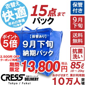 【ポイント5倍＆2500円OFFクーポン】16,300円 → 13,800円 ＼ 祝10万人突破記念 特別企画！／ 数量限定 【9月下旬パック15点】クリーニング 保管 詰め放題 宅配 送料無料 ダウン 枚数制限なし 宅配クリーニング ポイント クーポン 抗菌 除菌 シミ抜き クレス クリーニング