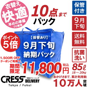 【ポイント5倍＆1500円OFFクーポン】13,300円 → 11,800円 ＼ 祝10万人突破記念 特別企画！／ 数量限定 【9月下旬パック10点】クリーニング 保管 詰め放題 宅配 送料無料 ダウン 枚数制限なし 宅配クリーニング クーポン 抗菌 除菌 シミ抜き 毛玉取り クレス クリーニング