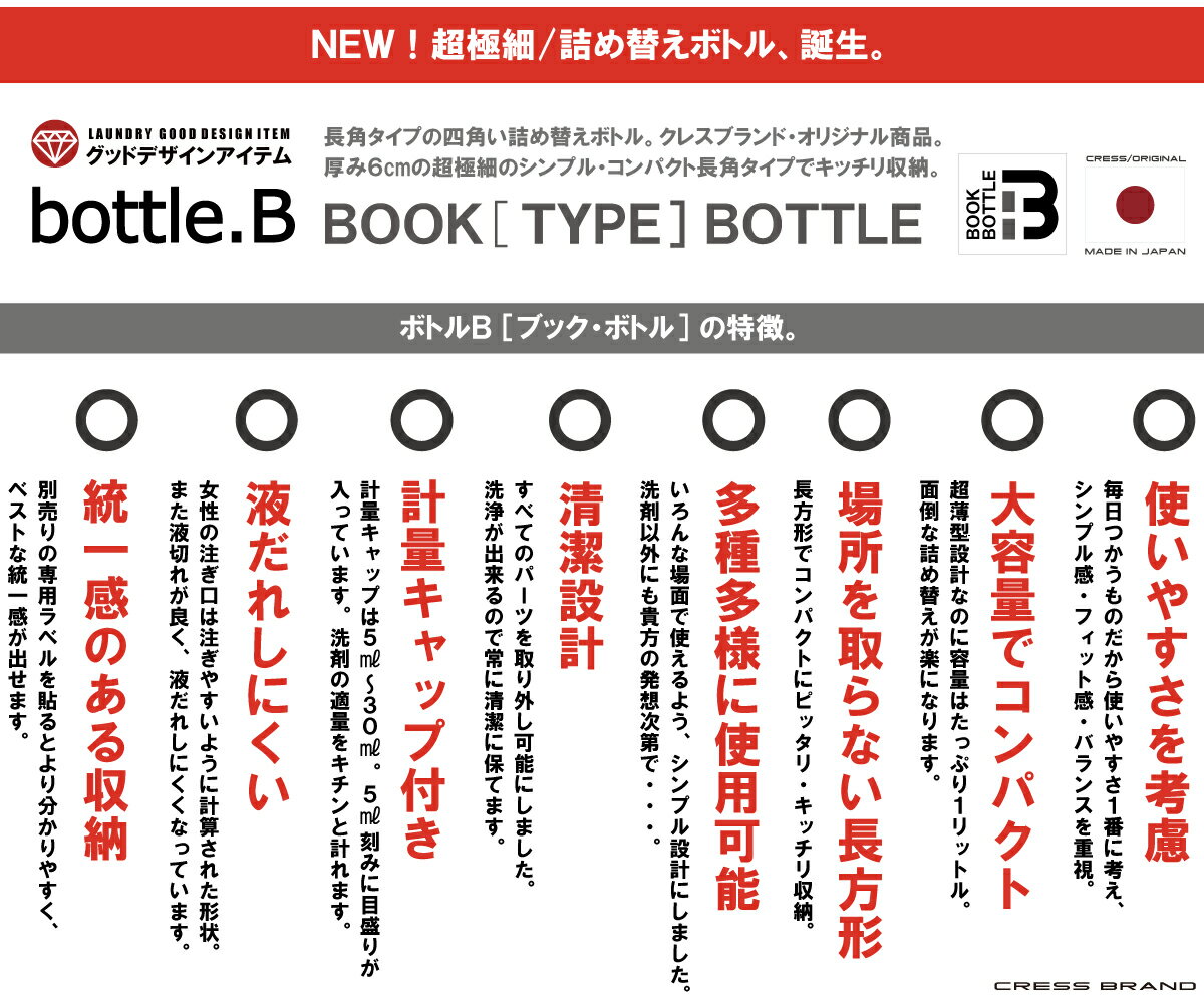 【送料無料】bottle.B［2個セット］1000ml BOOK-BOTTLE［ブック・ボトル］詰め替え容器 詰め替えボトル 洗剤 ボトル シンプル モノトーン 日本製 ラベル別売