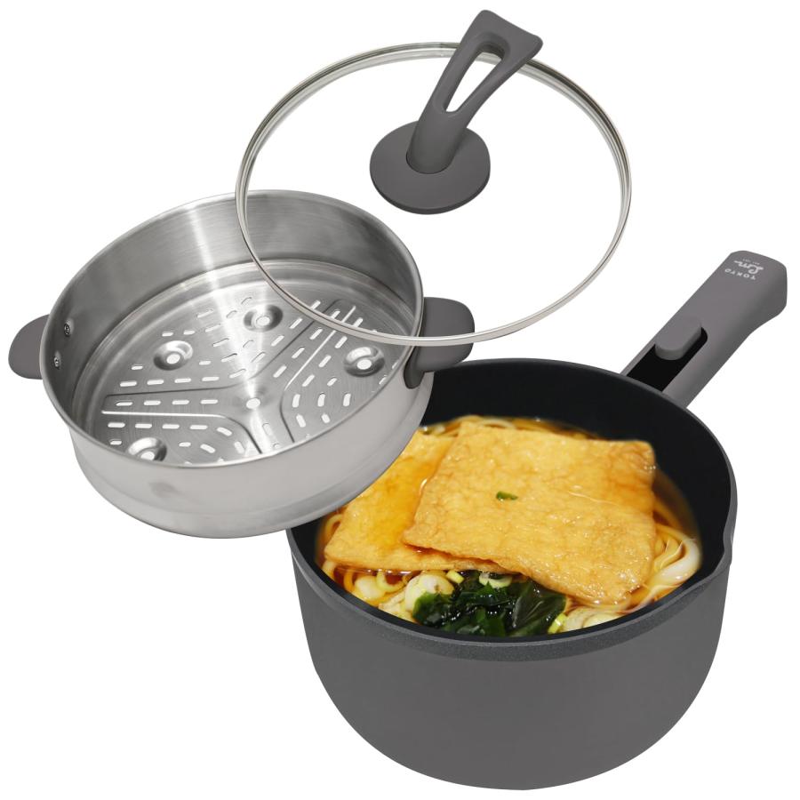 every U.(エブリユー) 電気鍋 (蒸し器付き) セラミックコーティング 一人用 片手電気鍋 一人暮らし 一..