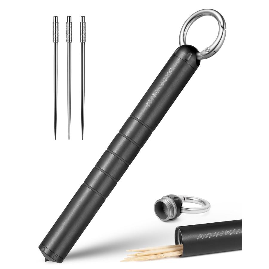 TIMULTI チタン つまようじ入れ 携帯 爪楊枝入れ 爪楊枝ケース 綿棒ケース 小物収納ボックス キーリン..