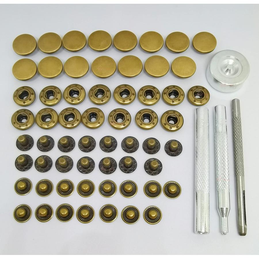 ミライヤ レザークラフト バネ ホック打ち具セット 12mm 15組セット スナップ ボタン 穴あけポンチ 打ち具 打ち台 ハトメ抜き 手芸 ハンド