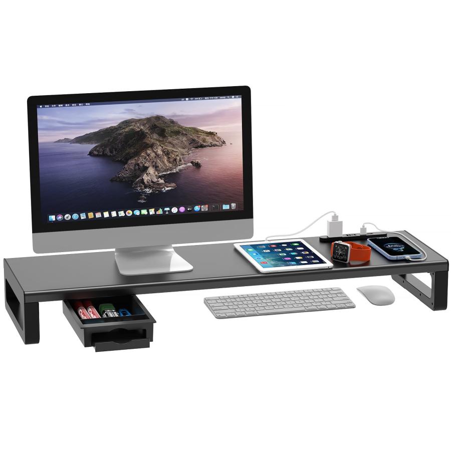EAYHM モニタースタンド USB口/2口コンセント付き モニター台 幅80CM ディスプレイ 台 引き出しとスマホホルダー付き 机上台 ノートパ