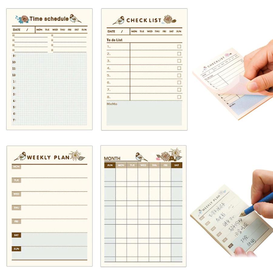 to doリスト 付箋【4冊セット】 付箋 ノート 週間計画メモ 月計画メモ 時間 管理 ノート ふせん かわいい 時間管理手帳 日間メモ 週間メモ