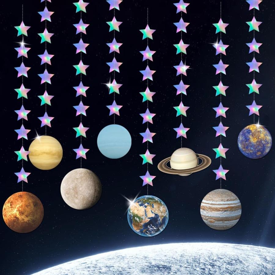 銀河系懸垂紙飾り、惑星飾り、8列、スペースペーパーフラワーリングパーティーリボン、子供用寝室飾り、誕生日パーティー用品