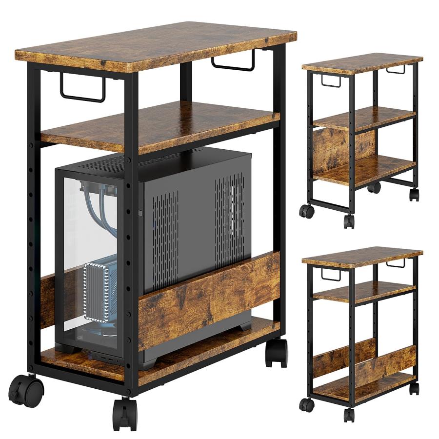 MIYOKI パソコンワゴン PCワゴン 複合機ラック CPUワゴン キャスター付き デスクワゴン 棚板高さ調節可能 パソコン収納 木製 デスクサイ