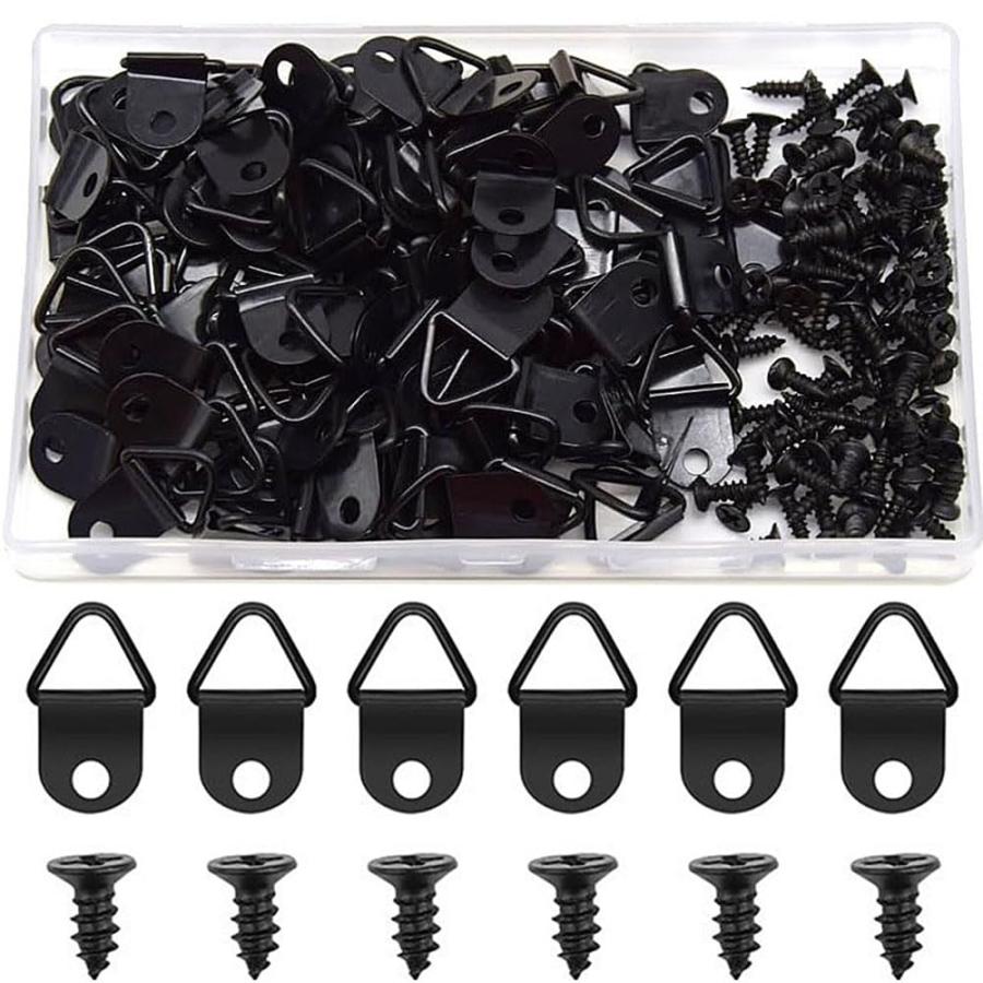 ESJNNK 三角吊りカン 100個セット 額吊り金具 額縁金具 ビラカン 豆カン フック 三角吊金具 木ネジ付き 箱付き (ブラック)