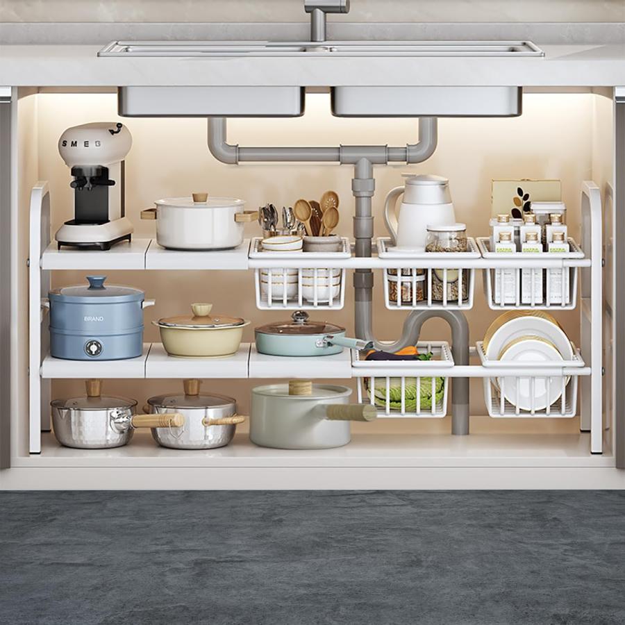 シンク下収納ラック, 洗面台下収納 洗面台下収納 伸縮式, 2段収納 キッチン収納ラック 組み立て簡単 省スペース 収納バスケット5個付き (ホワイ