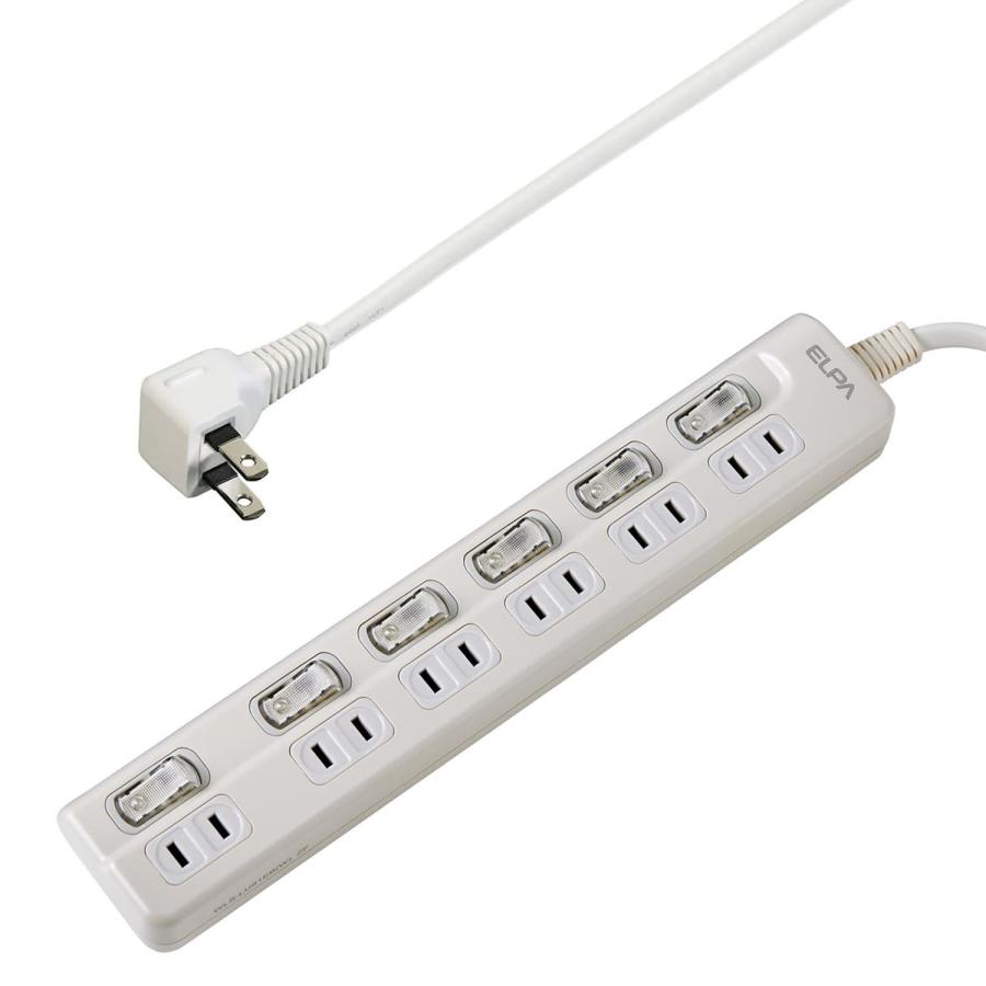 乐天商城 - エルパ(ELPA) スイッチ付タップ コンセント 延長コード LED 上差し 6個口 3m WLS-LU63EB(W)