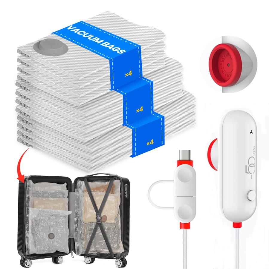 乐天商城 - Vacbird 旅行用圧縮袋 12枚入 衣類 圧縮袋 USB給電 電動ポンプ付き 衣類収納 真空収納袋 圧縮袋 ポンプ 吸引機 真空 スペース節約