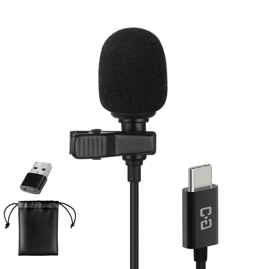 Lavalier microphone with USB-C port, condenser microphone compatible with iPhone 16/15 & Android Type-C, and USB-A connection for PCs and laptops.
