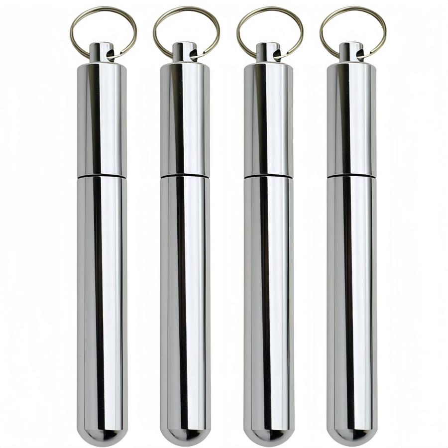 爪楊枝入れ 4個入り 86mmx11mm つまようじボックス 綿棒ケース 携帯用 針収納ケース アルミニウム合金製 キーホルダー付き 小物収納 軽量