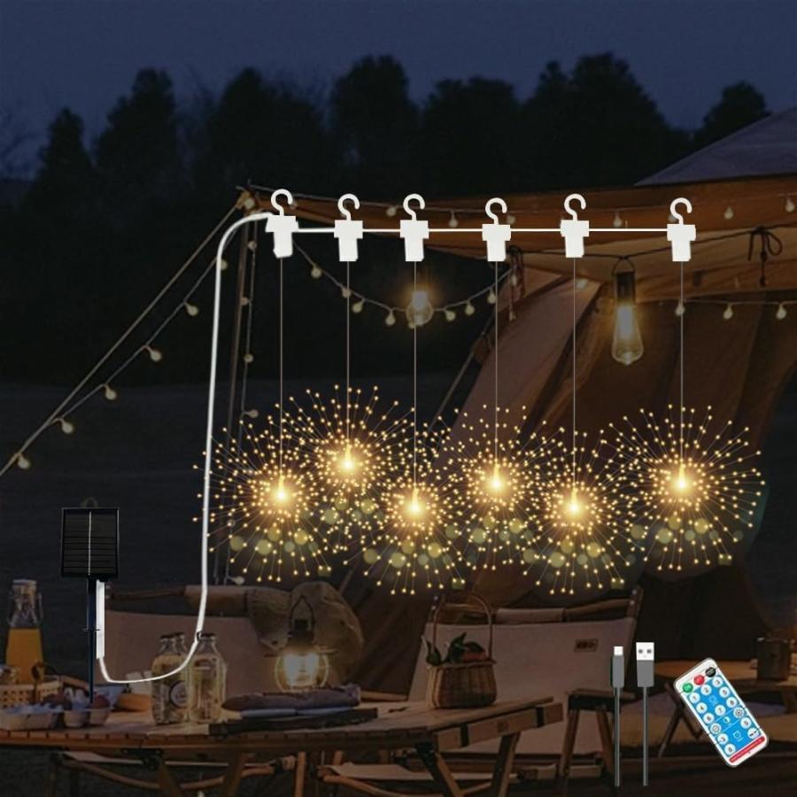 YZYOE リモコン付きLED屋外太陽光暖色花火灯6組、 防水ソーラーとUSB給電の庭の雰囲気装飾ライト、8パターンのDIYパスライト。