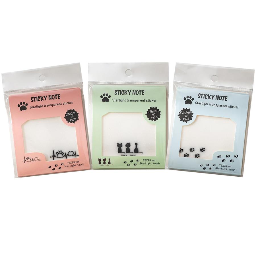 WIICOYK 透明付箋 書ける 可愛い 猫 おしゃれ 付箋 見出し キラキラ 透明 シート 大きい 75x75mm ふせん フィルム 防水 付箋