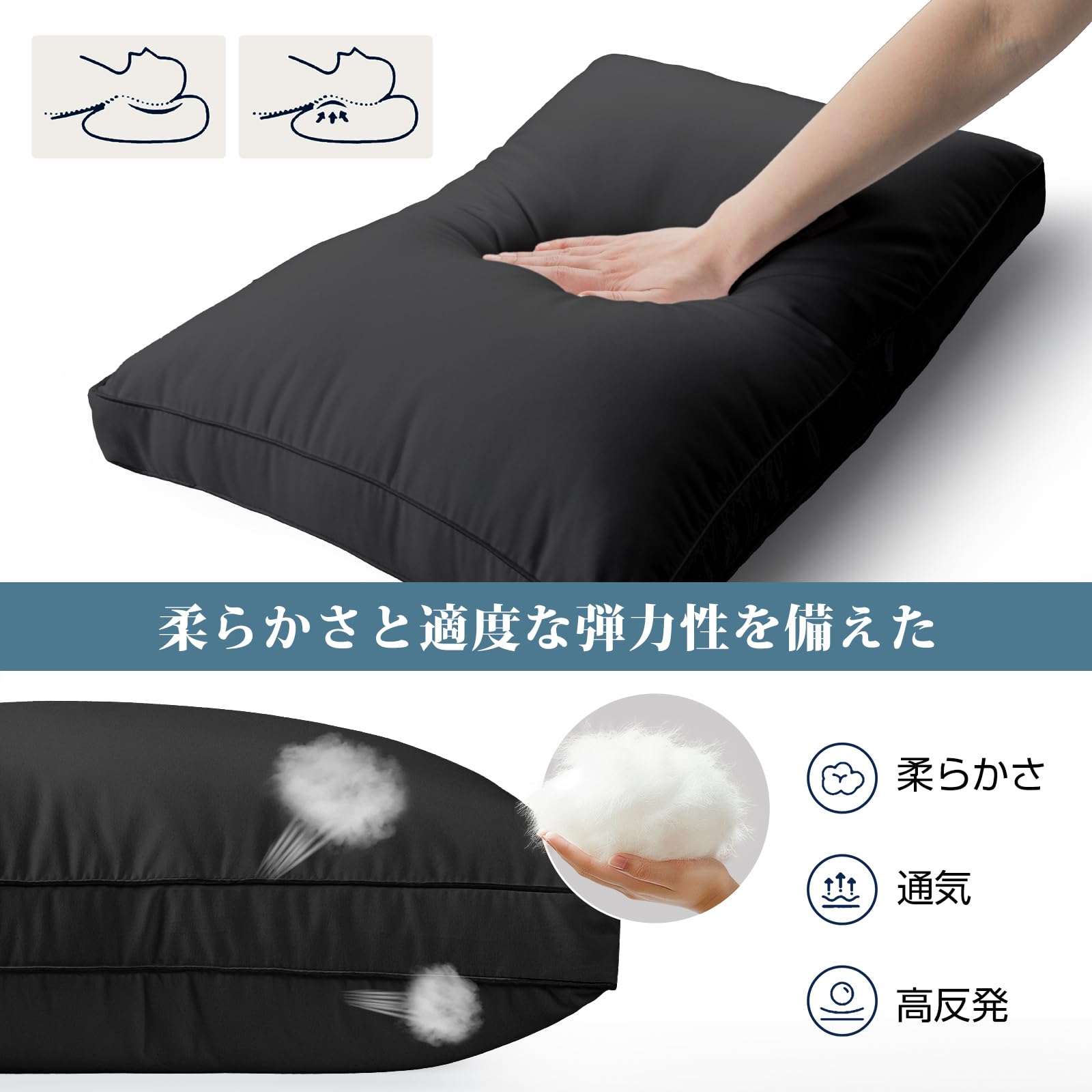 CREST shopの枕 まくら 首が痛くならない ホテル仕様 快眠枕 低め 高め ふわふわ 高さ調整可能 丸洗い可能 横向き寝 立体構造 通気性 63x43cm pillow プレゼント(ブラック)｜アングル2