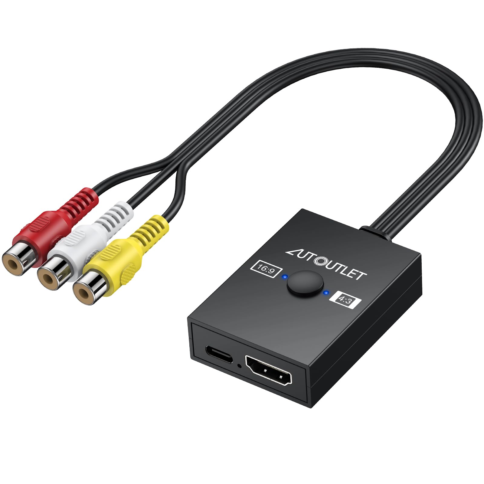 AUTOUTLET RCA to HDMI 変換 コンバーター 16:9/4:3スイッチ av to hdmi 変換 コンバーター 720P（60hz）/1080P（60hz）変換 3色端子 コンポジット ビデオ アダプター Wii/PS1/PS2/N64用 HDMIケーブル付き